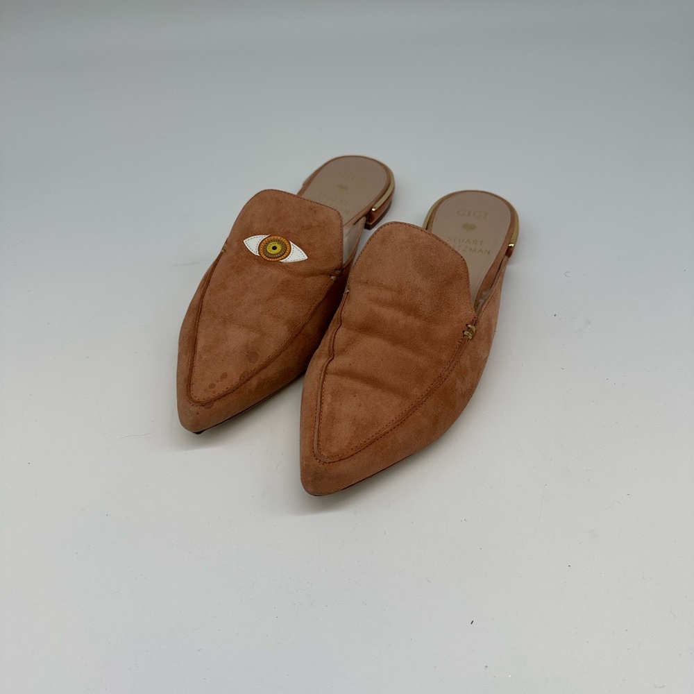 Stuart Weitzman x Gigi Brown Suede Shearling Mules with Evil Eye - Picture 2 of 5